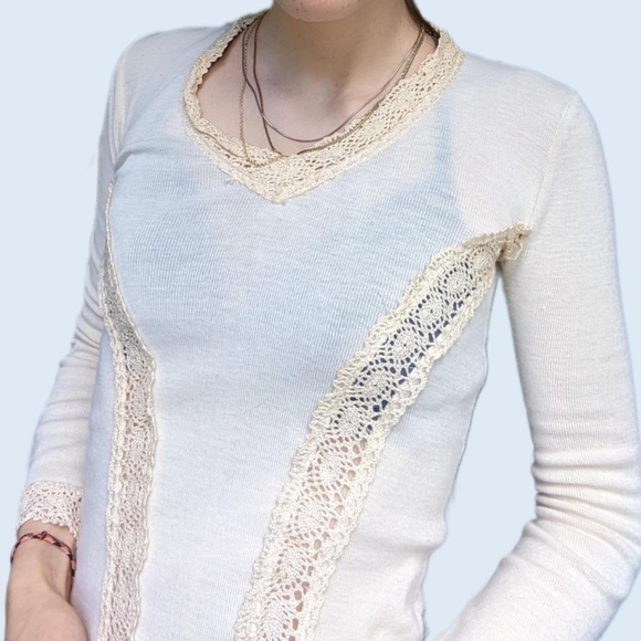 Vintage 70's Crotchet Trim Long Sleeve Blouse - Picture 3 of 5